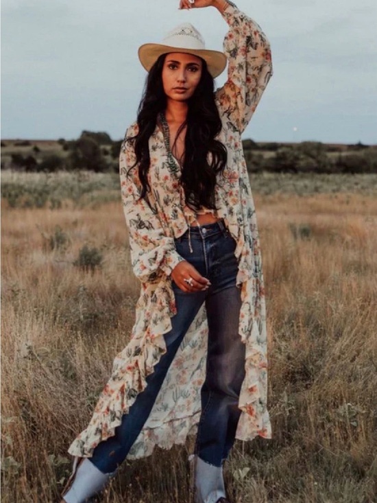 Turquoise Haven Tops - Western horse Floral Ruffled Long Duster Kimono - Cream & Multicolor